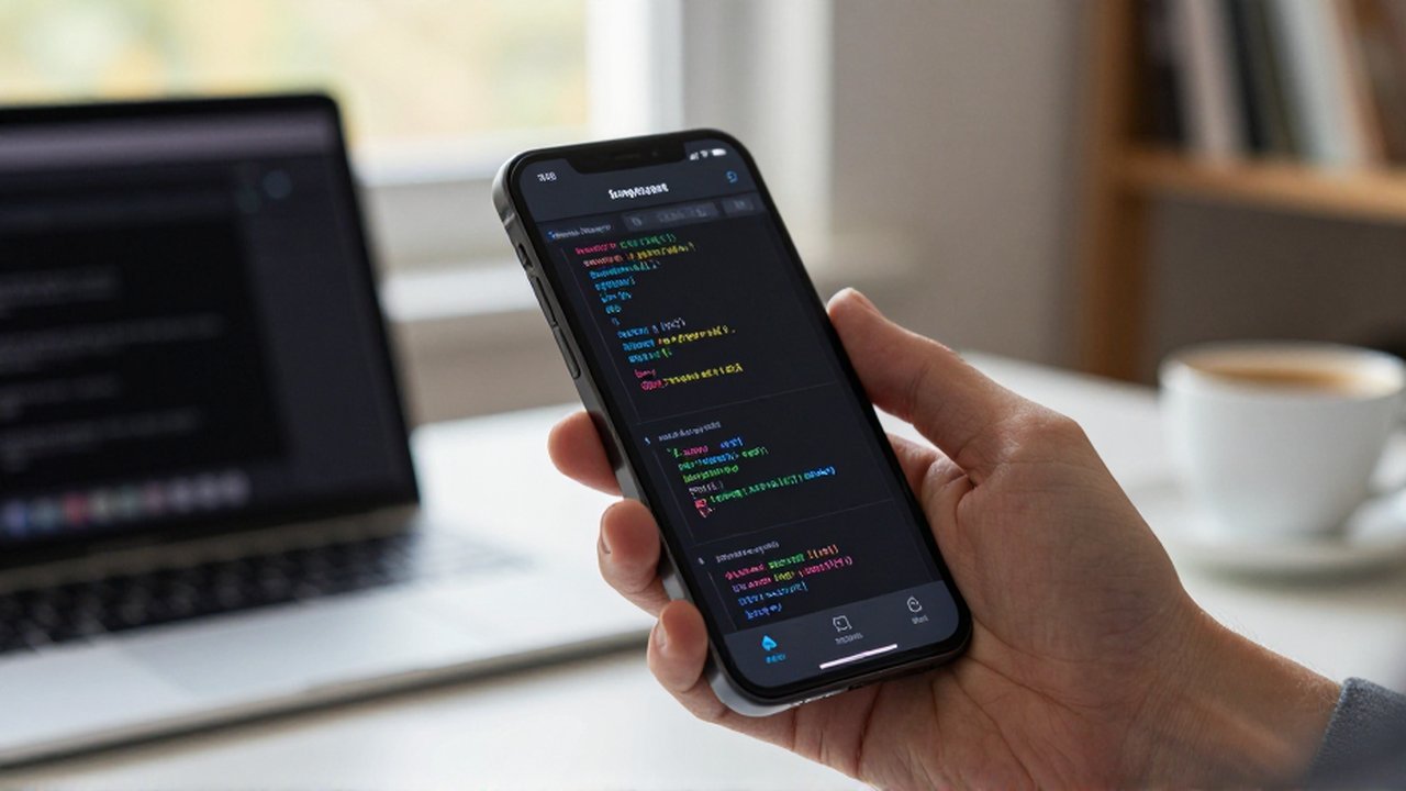 Persona sosteniendo un smartphone con código de programación en una oficina acogedora.