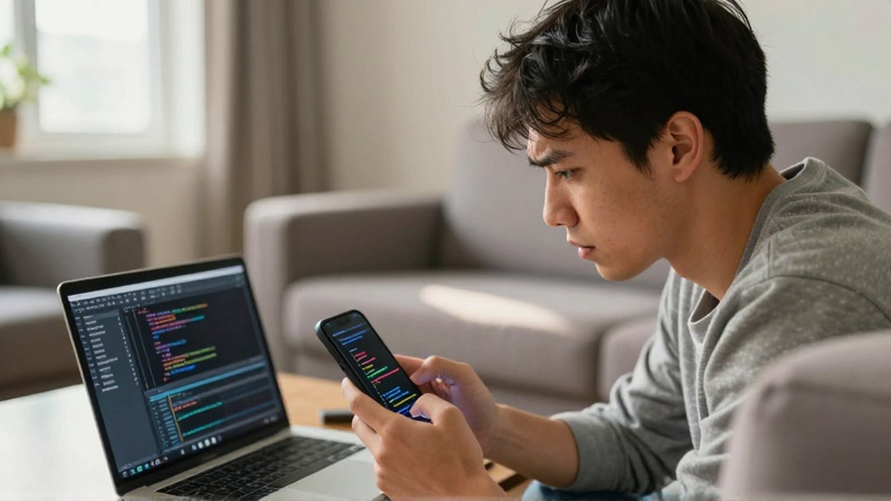Joven con expresión de frustración revisando código en su smartphone mientras trabaja en un sofá.