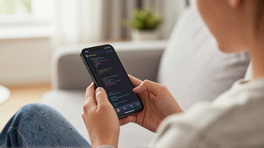 Persona joven sentada en un sofá estudiando código de programación en un smartphone.