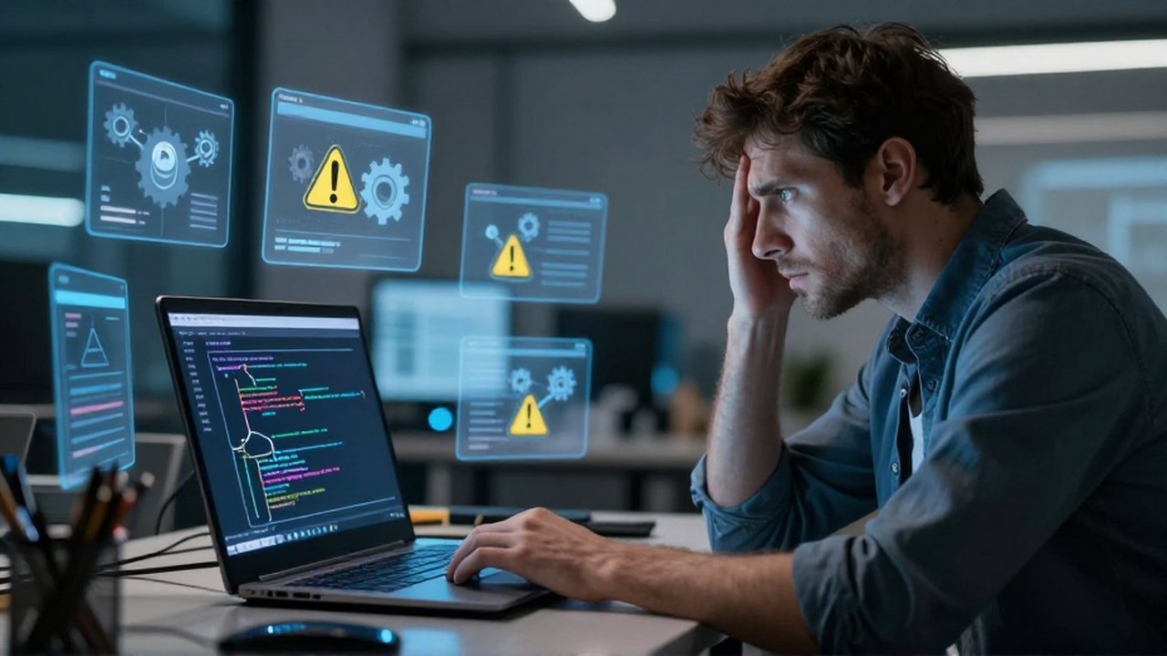 Programador frustrado frente a un ordenador con mensajes de error y avisos de conexión fallida.