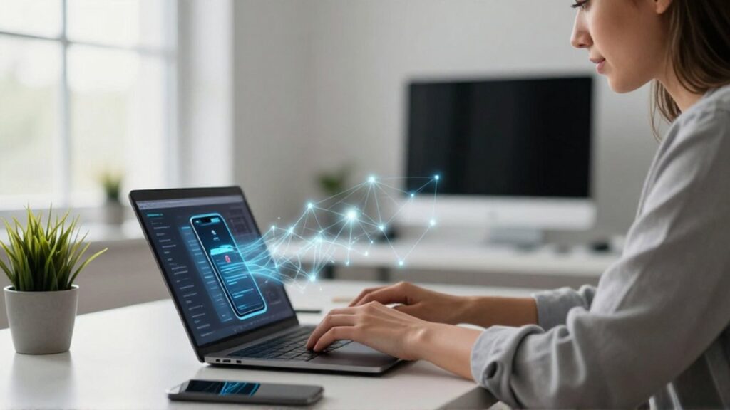 Profesional trabajando con un ordenador portátil mientras fluyen conexiones digitales entre su móvil y la pantalla.
