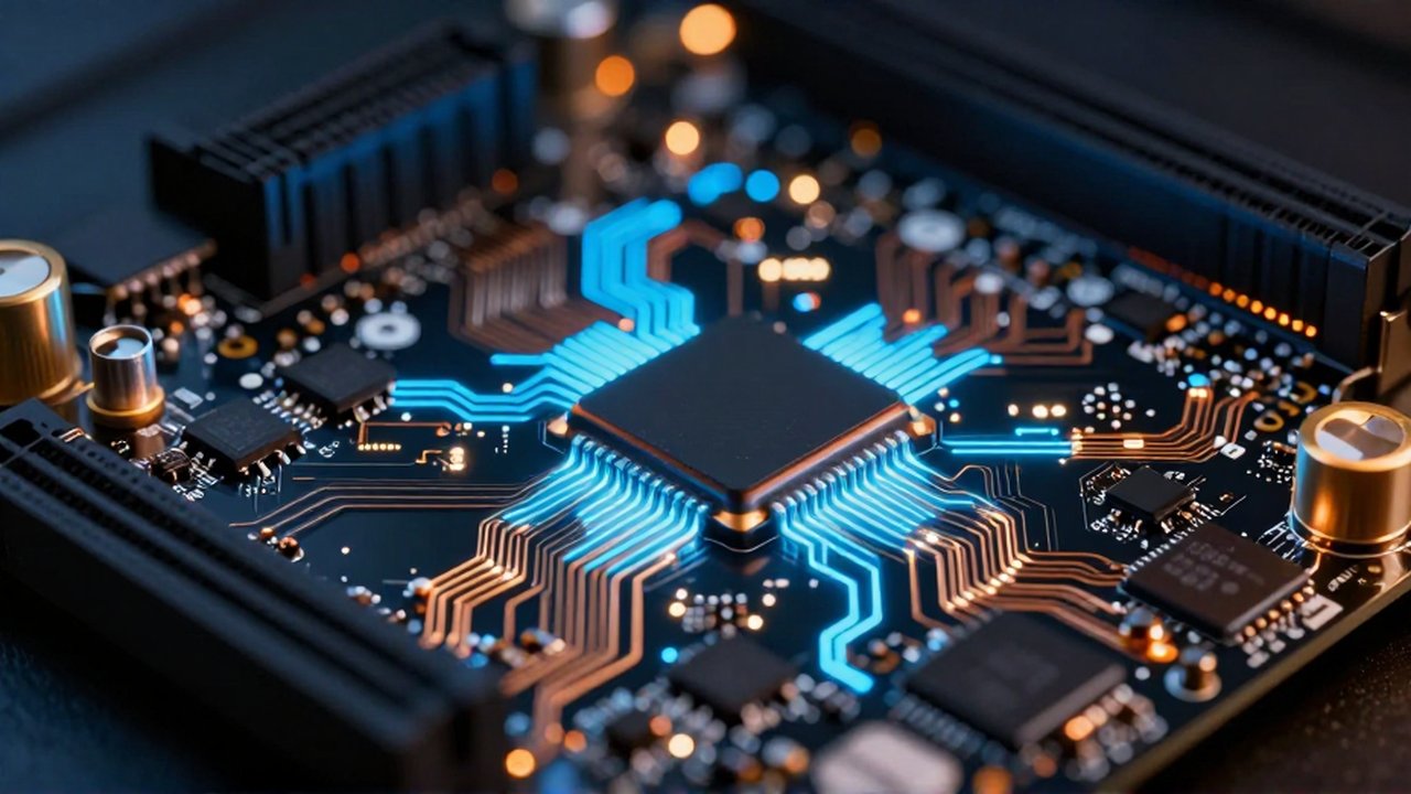 Placa base de computadora con circuitos iluminados por pulsos de luz azul y ámbar.