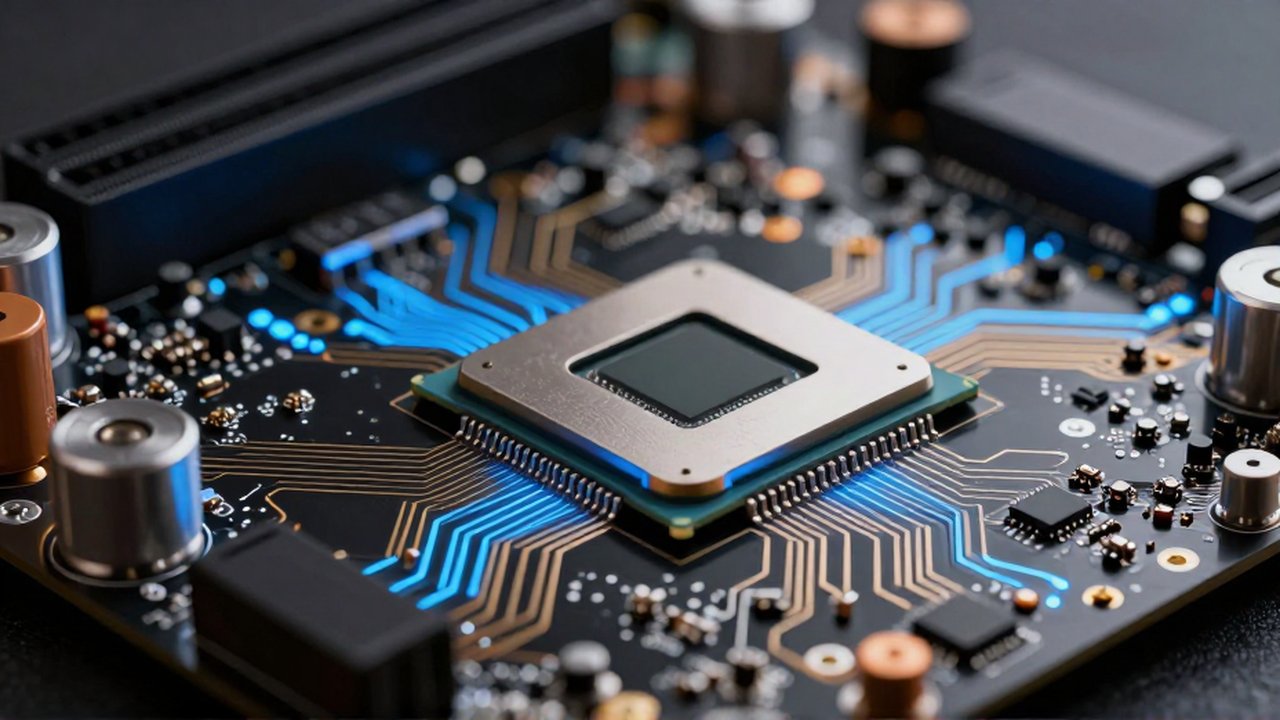 Primer plano de una placa base de alta tecnología con circuitos y luces azules brillantes.