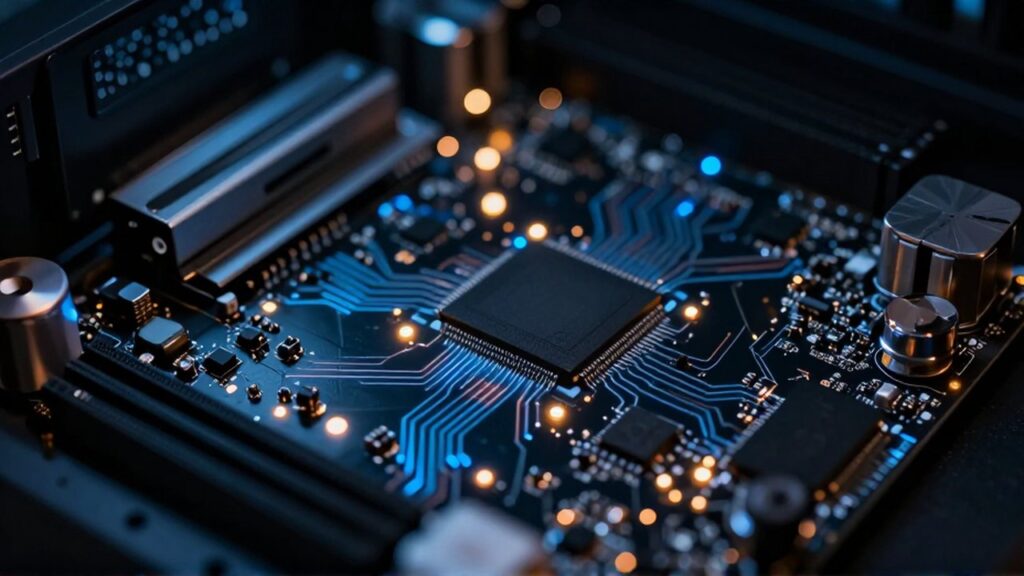 Primer plano de una placa base con microchips iluminados por luces azules y ámbar.