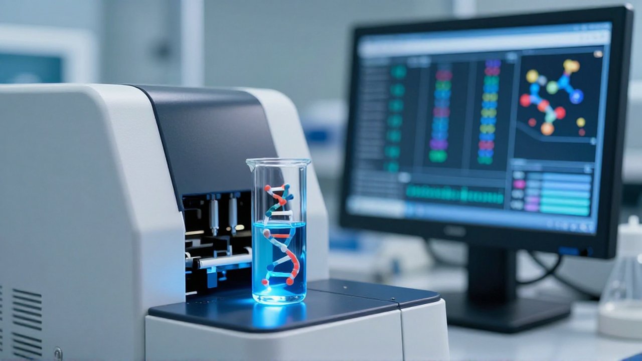 Vial de vidrio con líquido azul brillante frente a un secuenciador de ADN en un laboratorio.