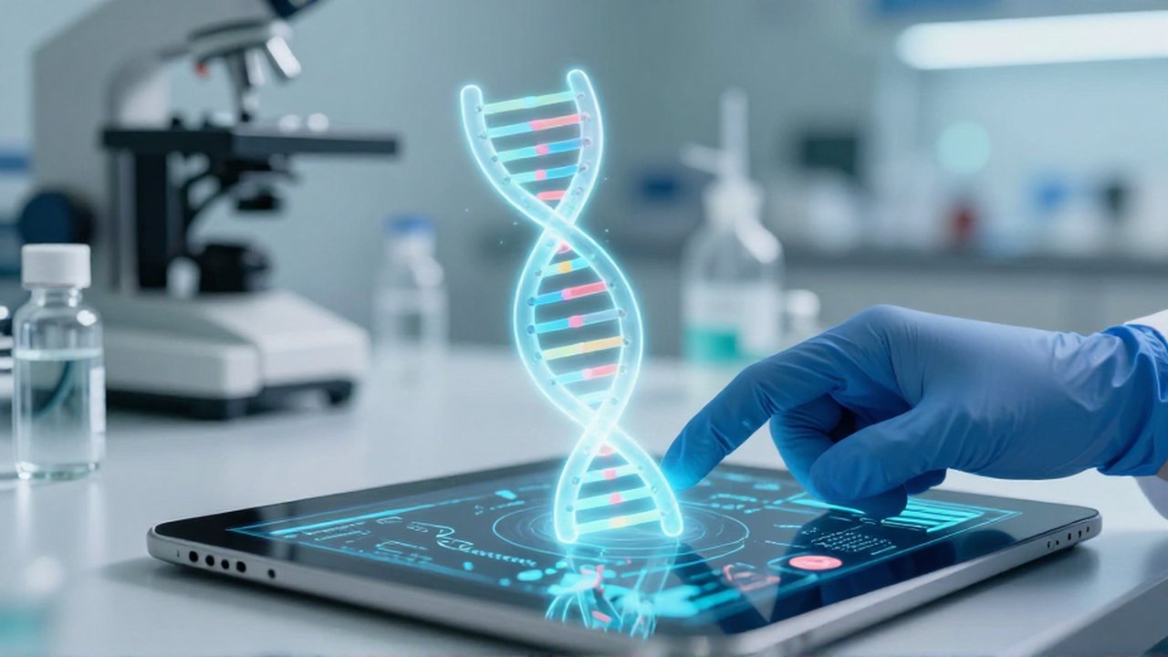 Científico interactuando con una proyección holográfica de ADN sobre una tableta digital en un laboratorio.
