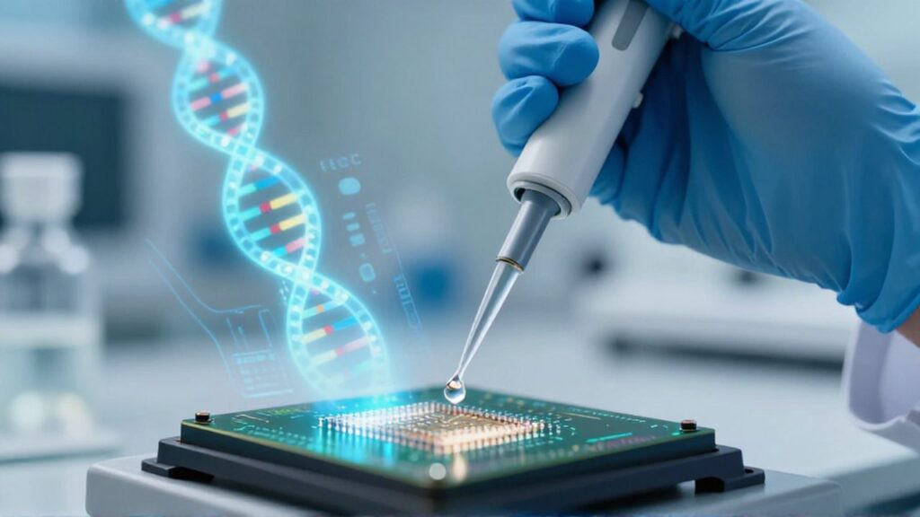 Mano con guante azul usando una pipeta para depositar líquido sobre un chip de ADN.