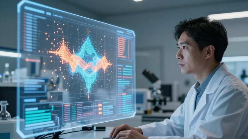 Científico analiza visualizaciones de datos y patrones de sesgo en una pantalla holográfica de alta tecnología.
