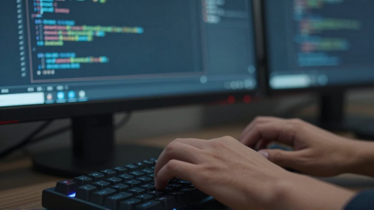 Unas manos escriben en un teclado mecánico retroiluminado frente a un monitor con código fuente.