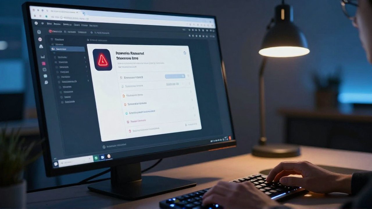 Monitor de computadora mostrando una advertencia de uso intensivo de recursos junto a un teclado mecánico.