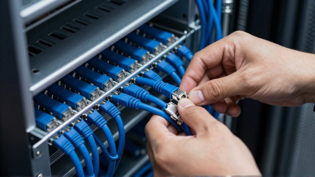 Manos de un técnico organizan cables Ethernet azules en una bandeja metálica de rack.