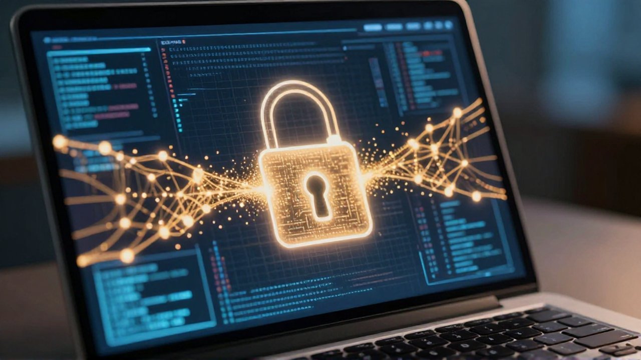 Primer plano de una pantalla de portátil con un candado brillante y flujos de datos criptográficos.