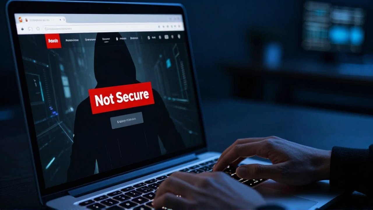 Pantalla de portátil mostrando un aviso de sitio no seguro con las manos de un hacker al fondo.
