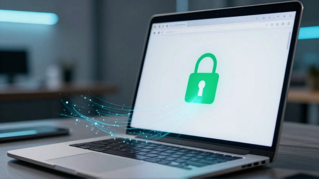 Primer plano de una pantalla de portátil que muestra un candado verde de seguridad rodeado de partículas digitales azules.