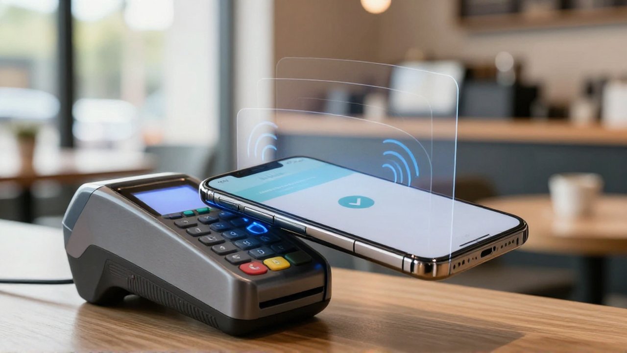 Smartphone realizando un pago sin contacto en un terminal dentro de una cafetería moderna.