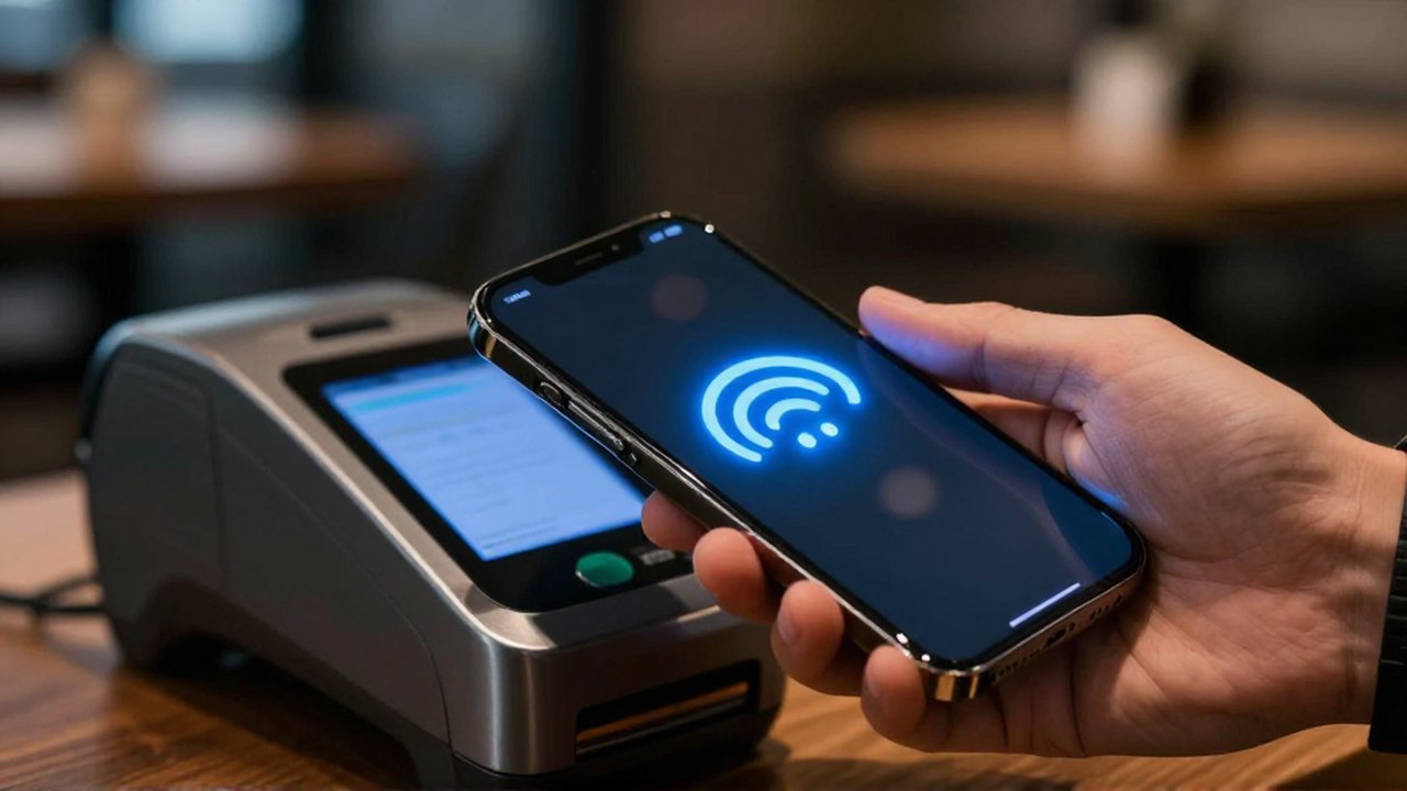 Persona intentando realizar un pago contactless con un smartphone frente a un terminal de lectura.