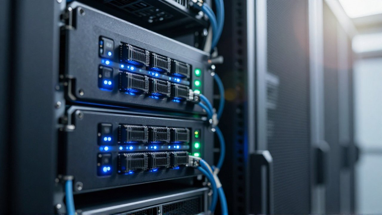 Servidores de alta tecnología con luces LED azules y verdes y cables de red organizados.