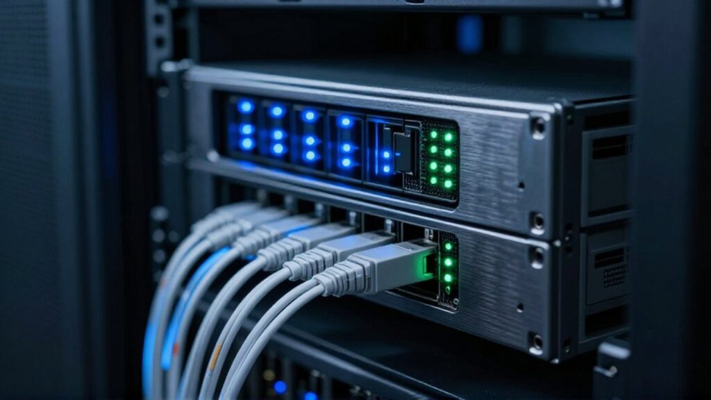 Primer plano de un rack de servidores con luces LED azules y cables de red organizados.