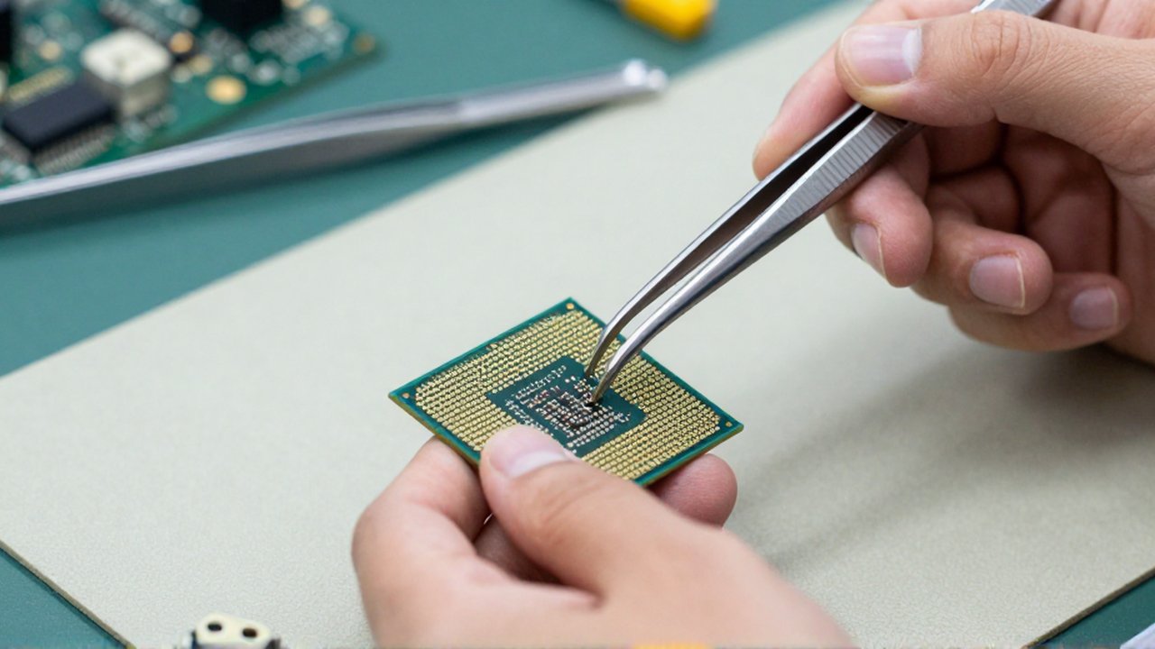 Unas manos utilizan pinzas metálicas de precisión para ajustar un pin doblado de un procesador sobre una manta antiestática.