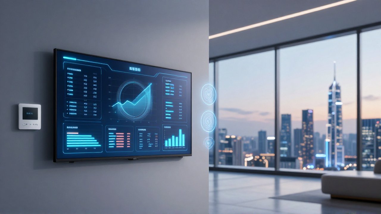 Interior de un edificio inteligente con paneles digitales de control y vistas a una ciudad futurista.