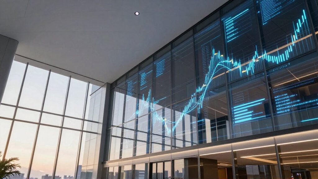 Interior de un edificio inteligente con decoraciones digitales de flujos de datos y un sensor de ocupación.