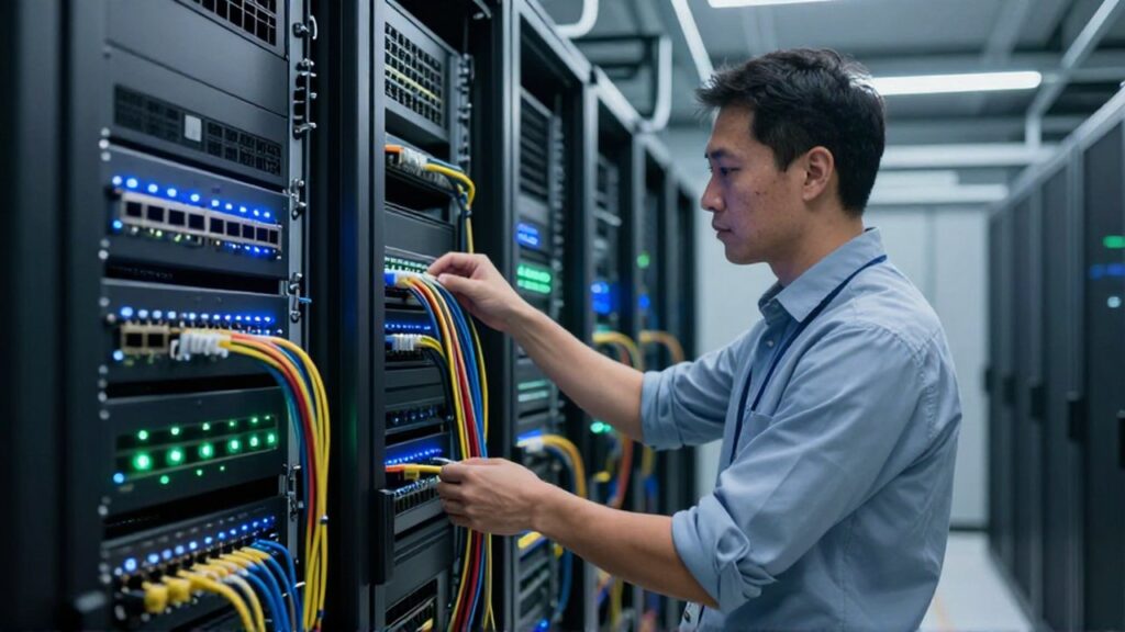 Un administrador de redes organiza cables Ethernet de colores frente a un rack de servidores.