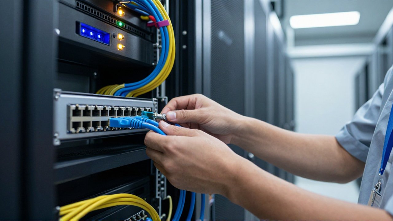 Un técnico conecta un cable Ethernet azul a un panel de parcheo en una sala de servidores.