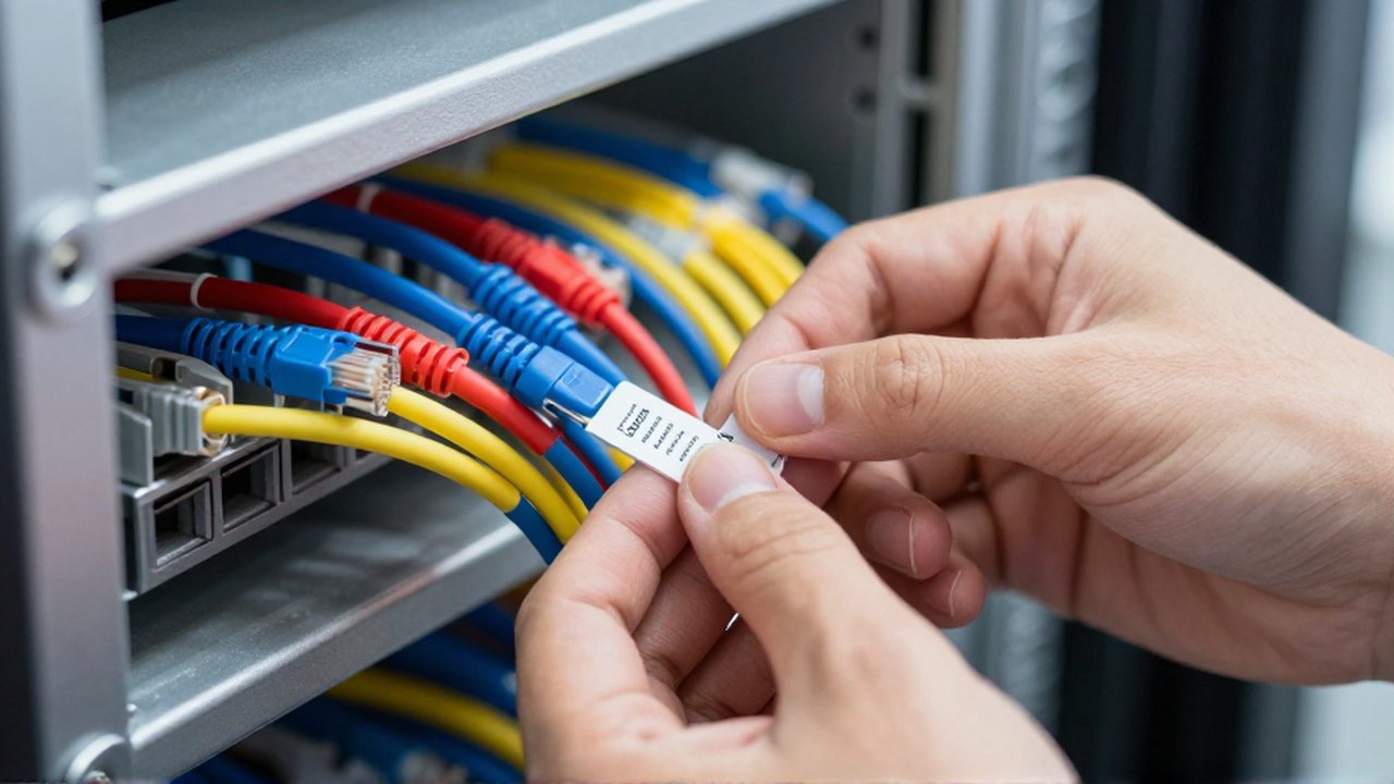 Una mano de técnico coloca una etiqueta blanca sobre cables ethernet azules, rojos y amarillos.