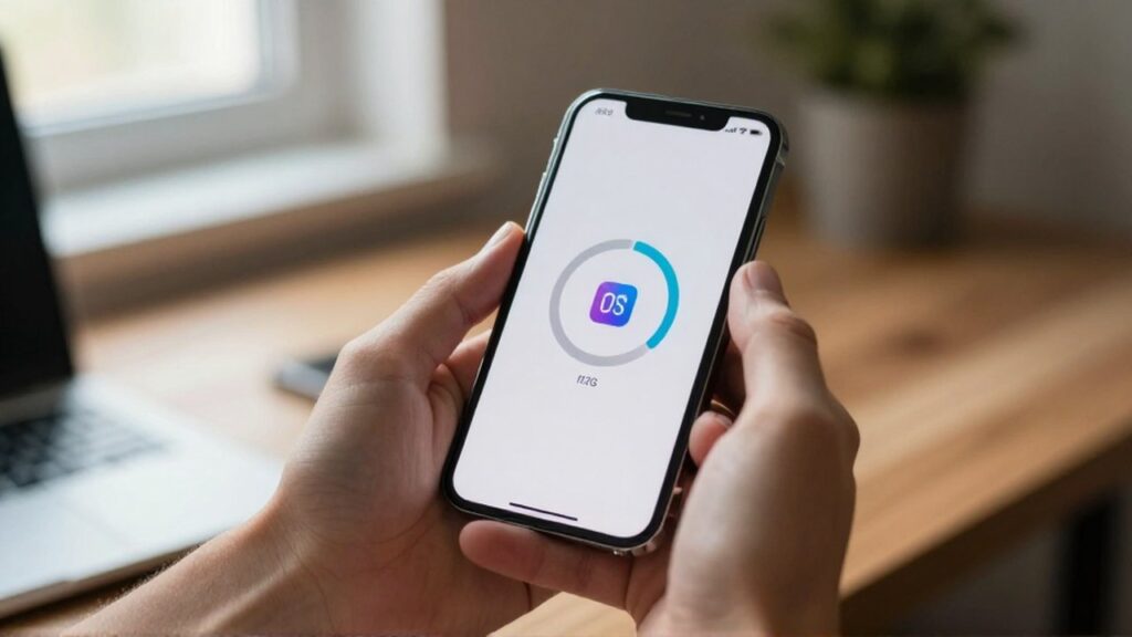 Manos sosteniendo un iPhone que muestra una actualización de aplicación en progreso sobre un escritorio de madera.
