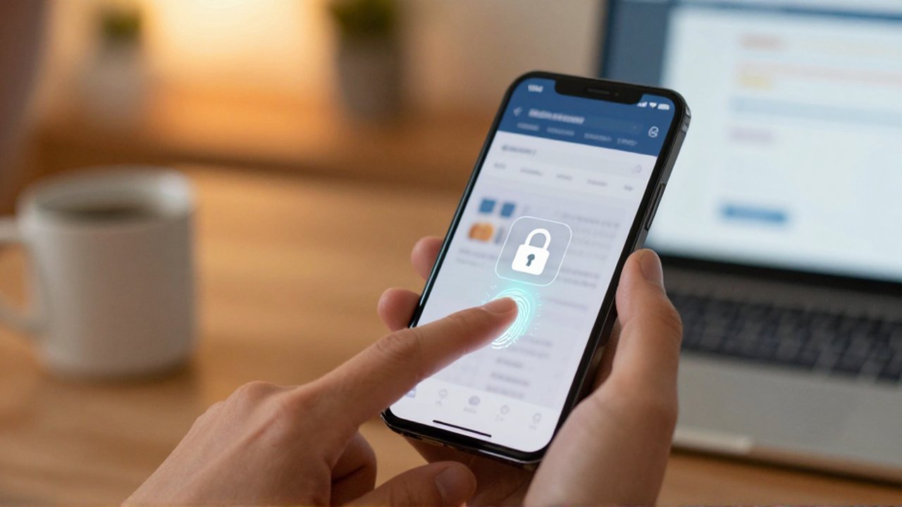 Mano de una persona realizando un escaneo de huella digital para acceder a una aplicación bancaria.