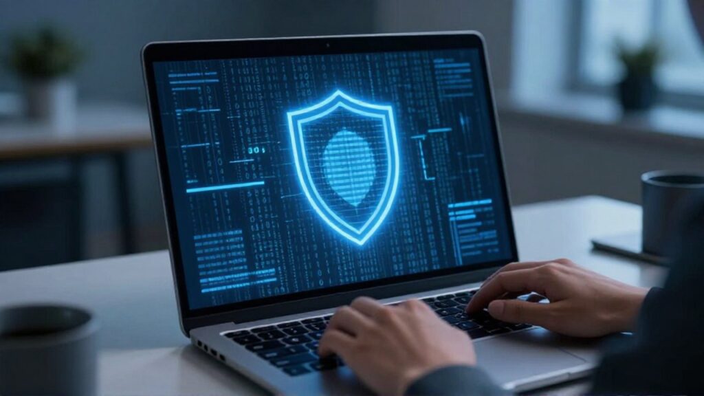 Manos escribiendo en un portátil con un icono de escudo digital sobre código binario.