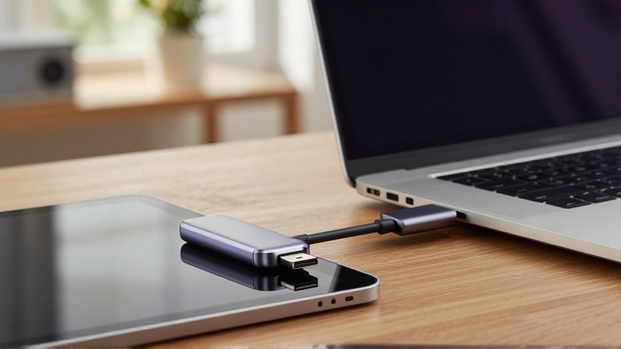 Tableta y ordenador portátil conectados mediante una unidad flash USB-C sobre un escritorio de madera.