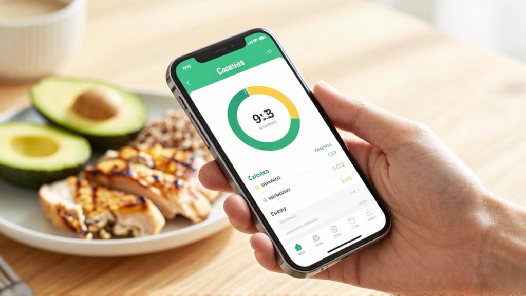 Mano sosteniendo un smartphone con una aplicación de nutrición frente a un plato de pollo con aguacate.