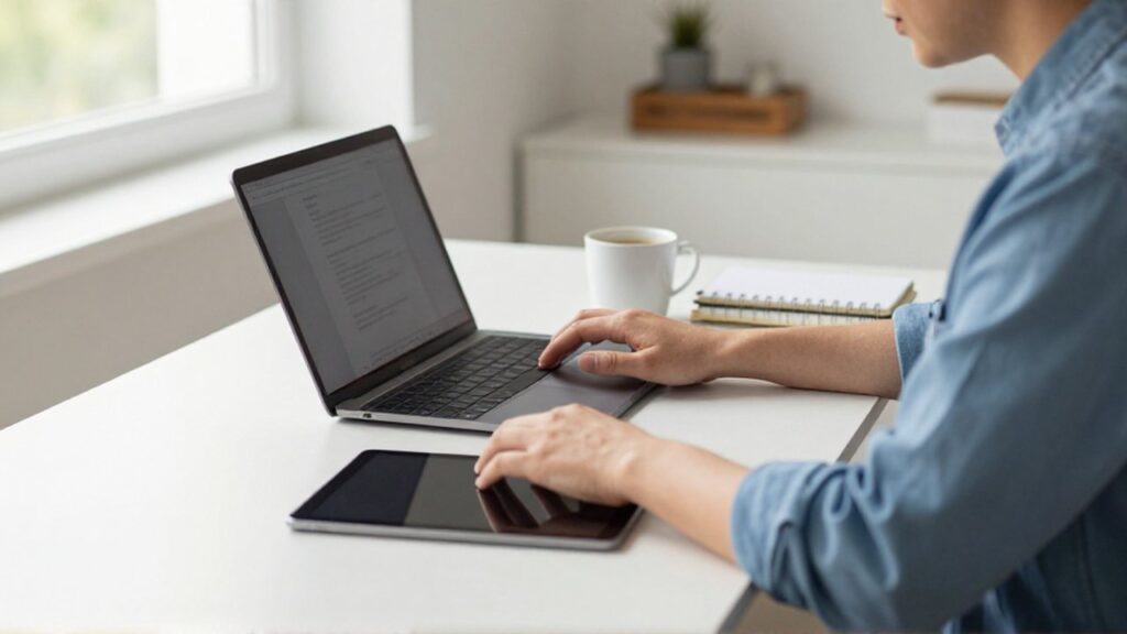 Una persona trabaja con un portátil y una tableta en un escritorio iluminado con café y un cuaderno.