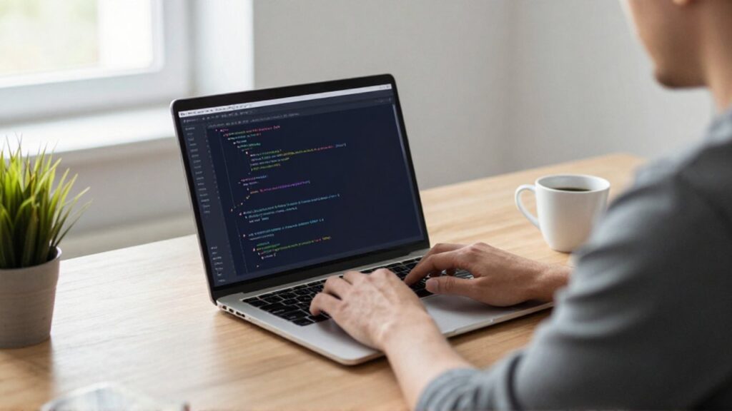 Un desarrollador de software trabaja con un portátil en un escritorio minimalista con una planta y café.
