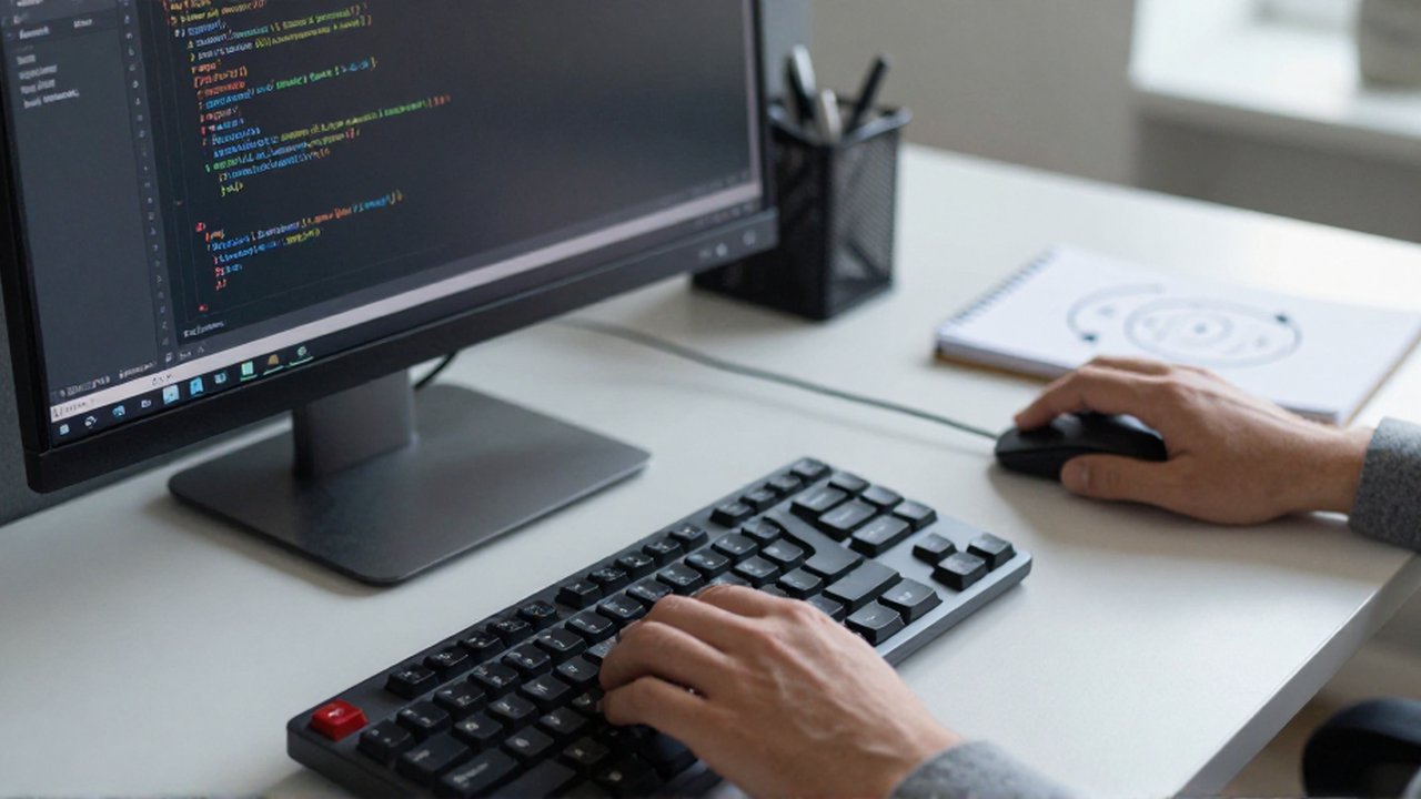 Manos operando un teclado mecánico y un ratón frente a una pantalla con código y un cuaderno con un diagrama.