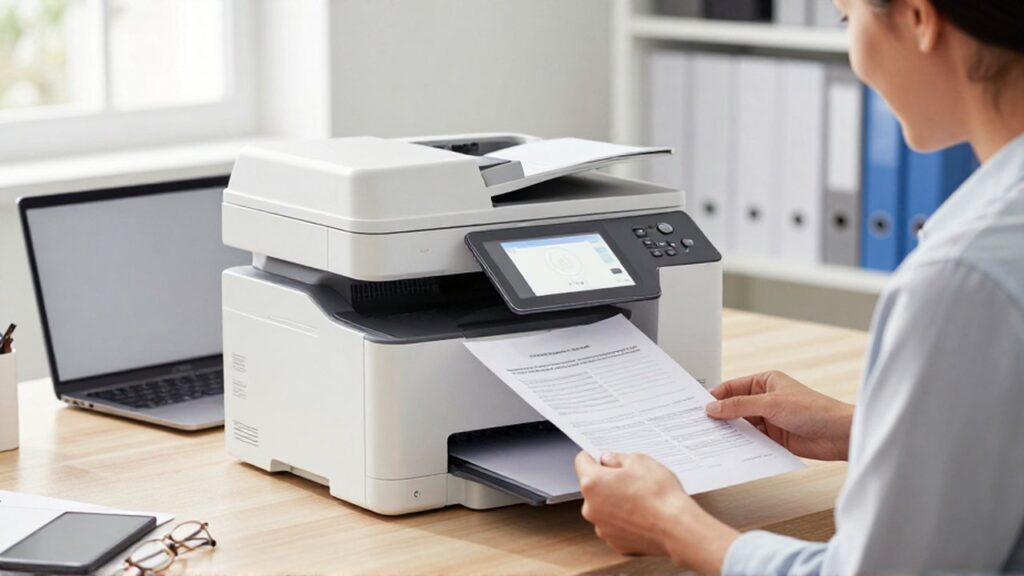Una persona en una oficina moderna revisa un documento junto a una impresora multifuncional.