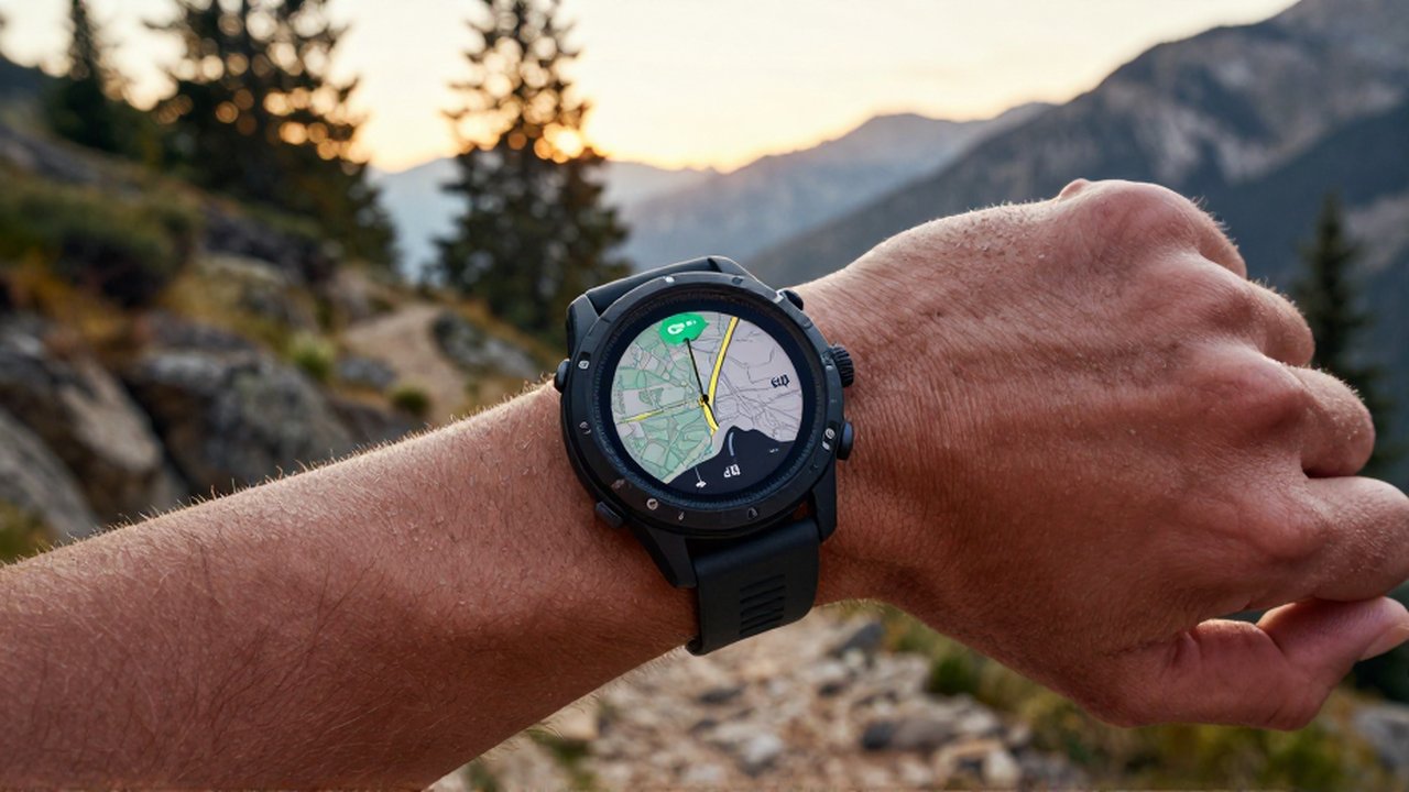 Reloj inteligente deportivo mostrando un mapa de GPS en la muñeca de un corredor en la montaña.