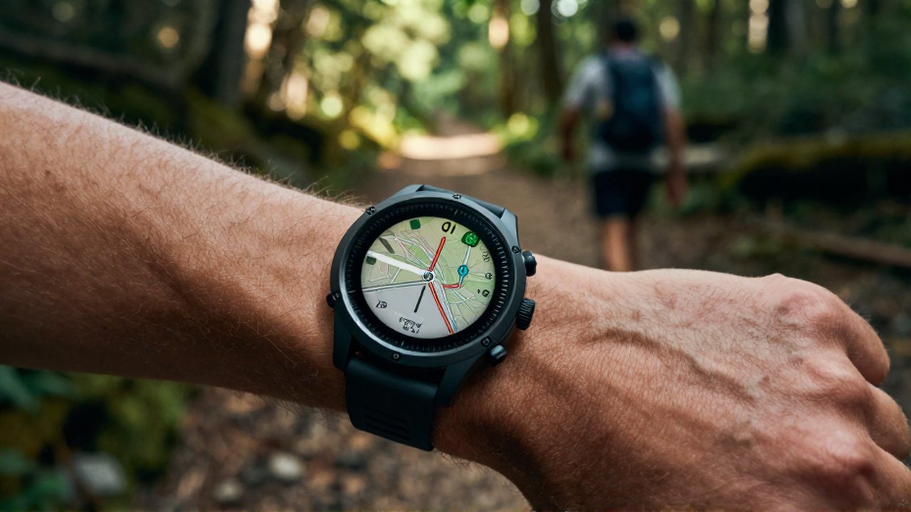 Reloj inteligente con mapa GPS en la muñeca de un corredor en un sendero boscoso.