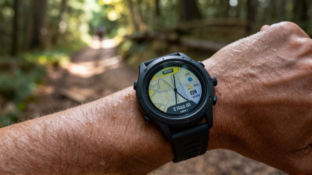Reloj deportivo digital con mapa GPS en la muñeca de un corredor en un sendero boscoso.