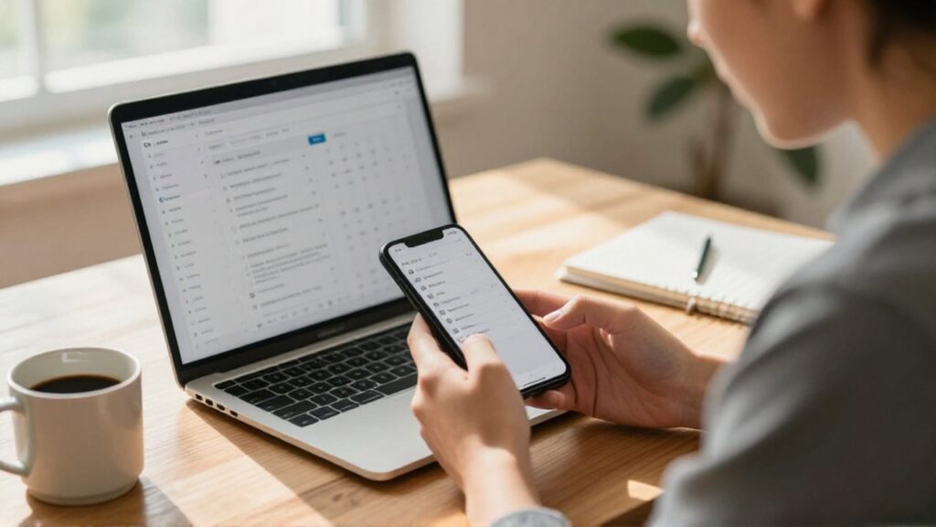Persona trabajando en una oficina iluminada mientras revisa su lista de tareas en un smartphone.