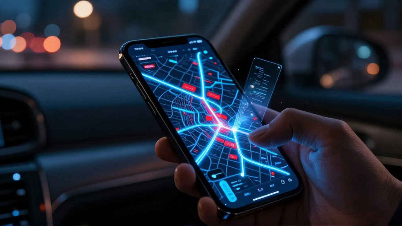 Mano sosteniendo un smartphone con un mapa digital de navegación tecnológica en el interior de un coche.