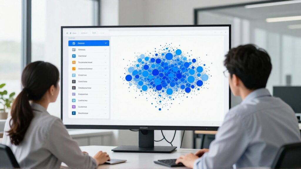 Un hombre y una mujer colaboran frente a una pantalla digital con visualizaciones de datos organizados.
