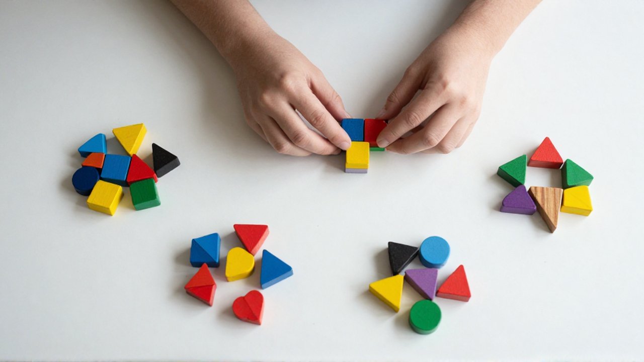 Unas manos agrupan bloques de madera geométricos y coloridos sobre una mesa blanca.