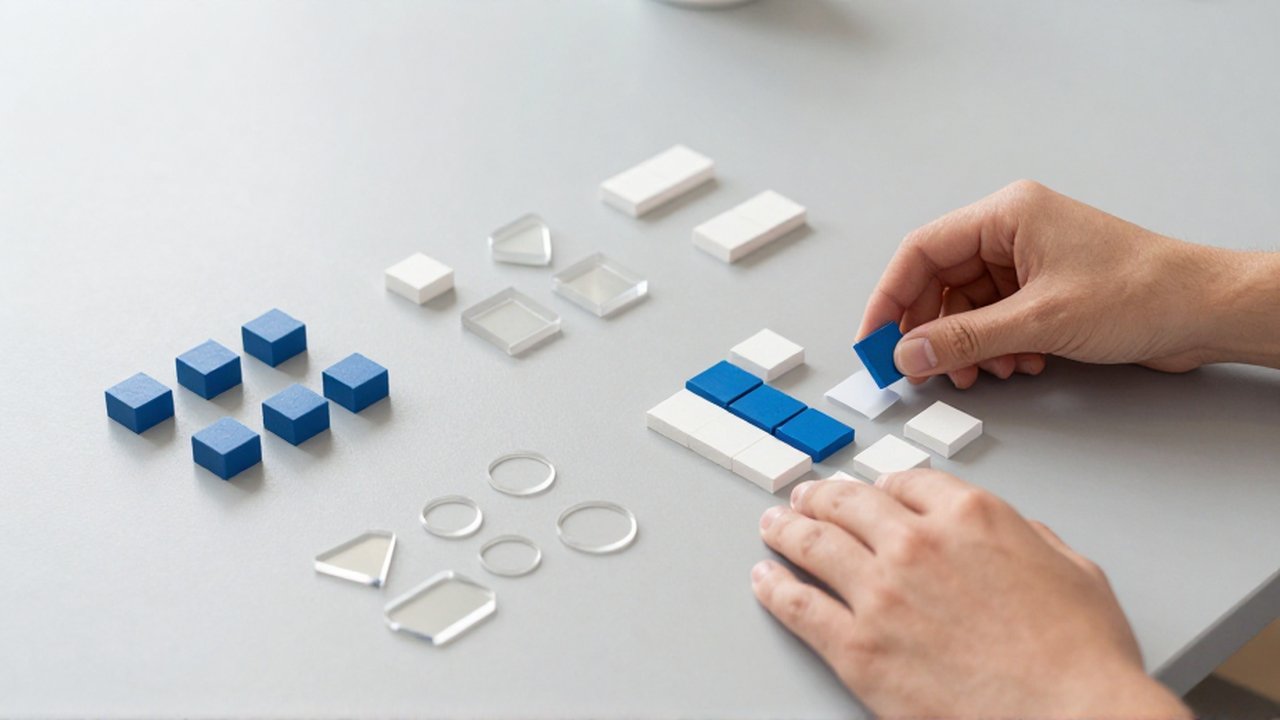 Unas manos organizan bloques de colores y figuras geométricas sobre una mesa gris.