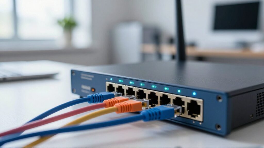 Router de red con luces indicadoras y cables ethernet coloridos en una oficina moderna.