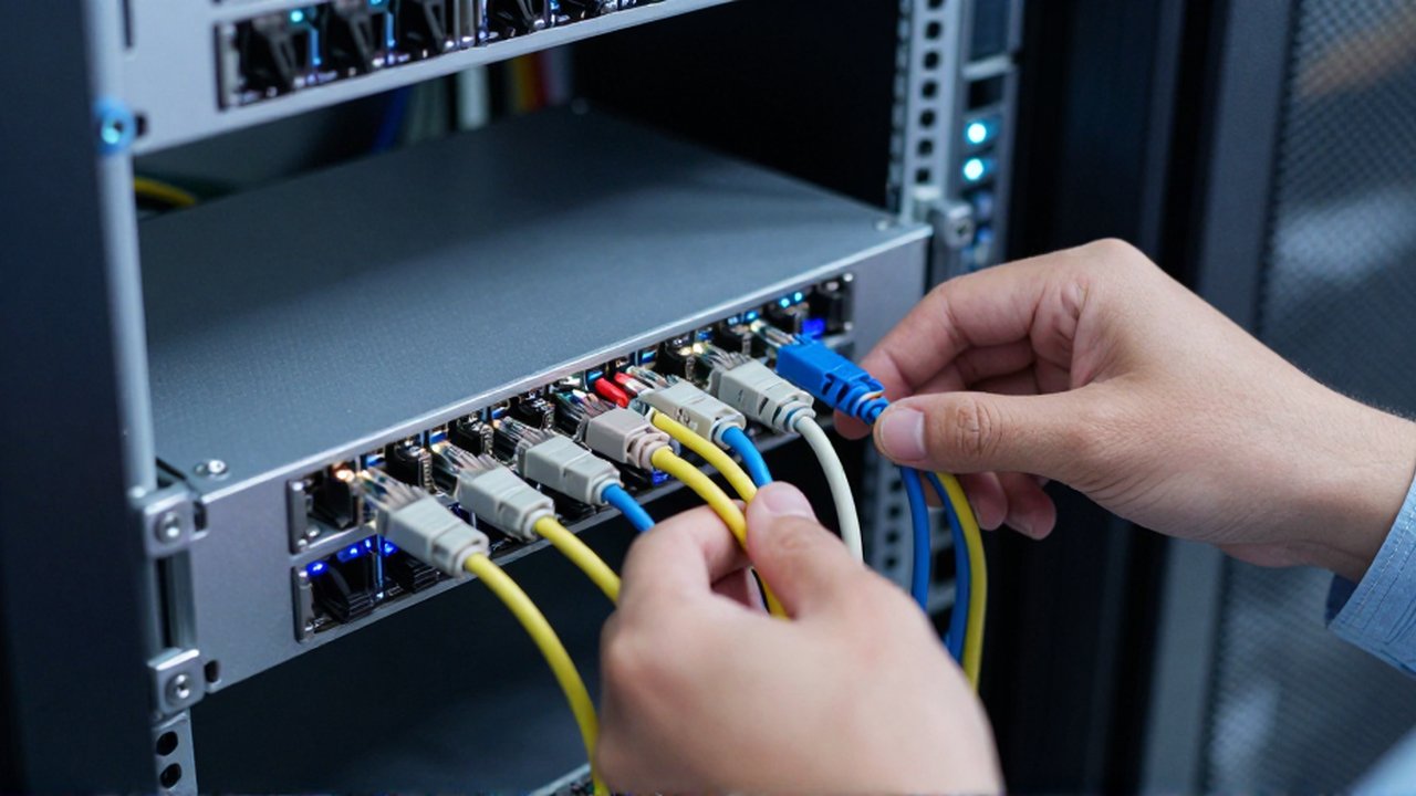 Unas manos organizan cables Ethernet coloridos y los conectan a un router empresarial.