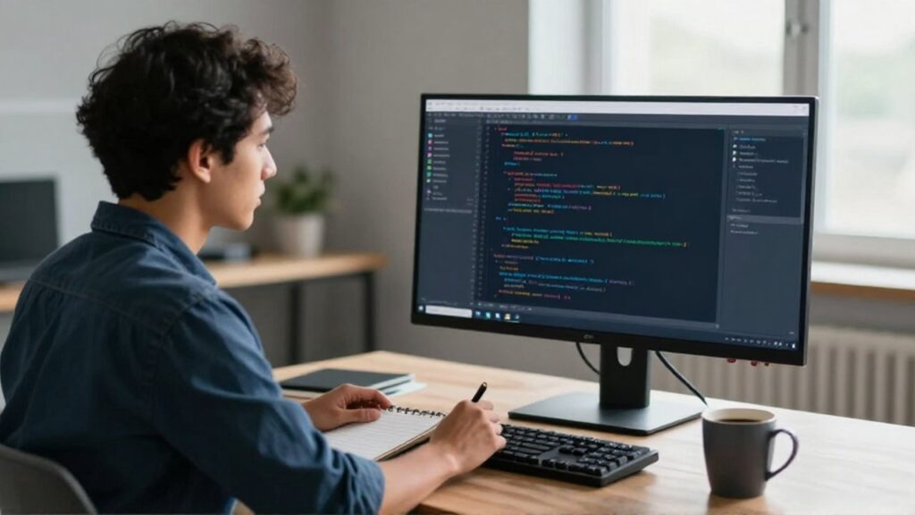 Una persona revisa código en un monitor amplio con un bloc de notas y bolígrafo.