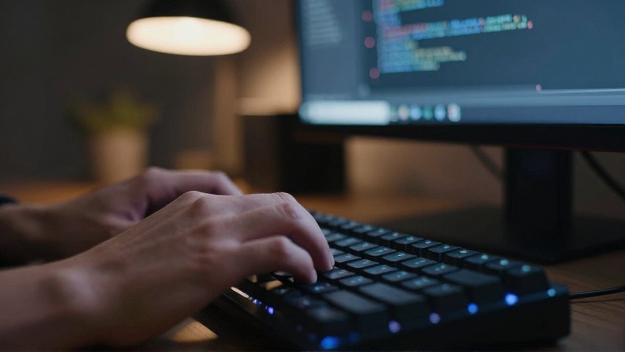 Manos de un programador escribiendo en un teclado mecánico frente a un monitor con código.