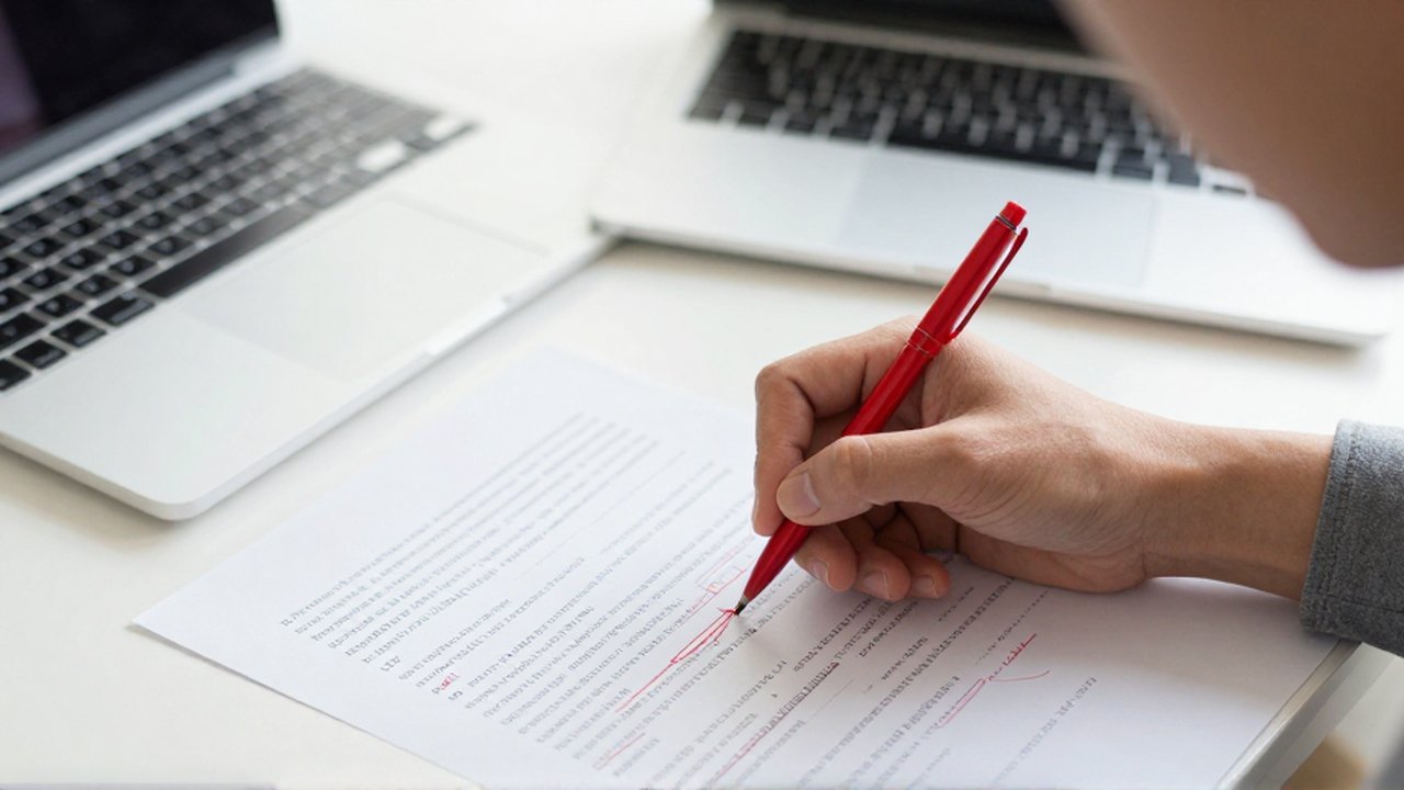 Unas manos editan un documento impreso con un bolígrafo rojo junto a un portátil.